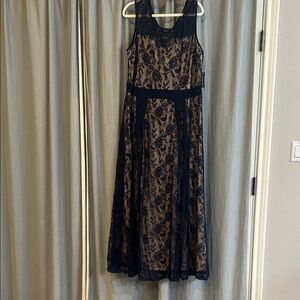 Candalite Women’s Elegant Navy and Beige Floral Midi Dress